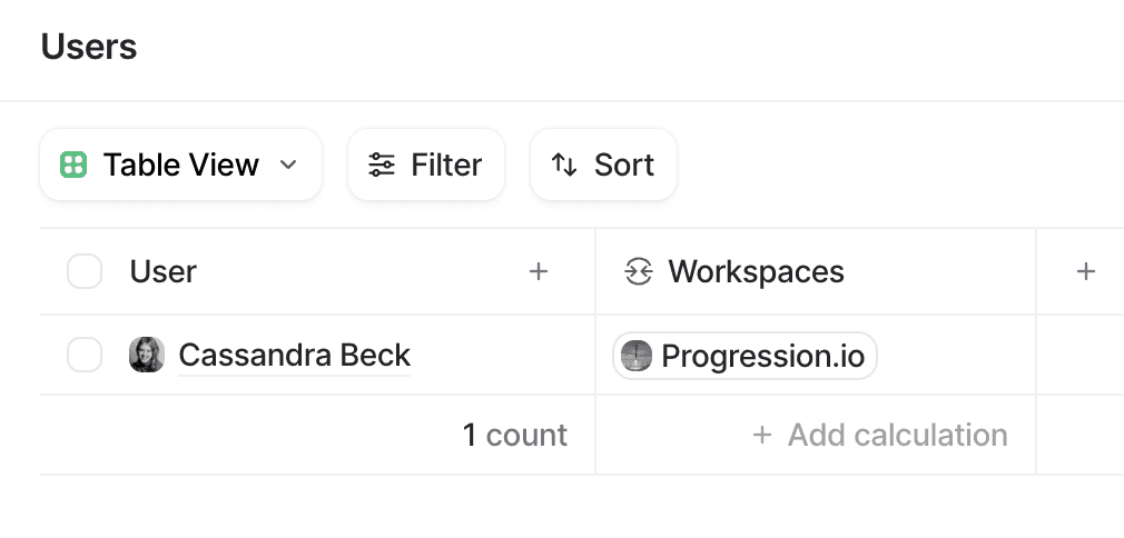 A table view in Attio showing a user record and workspaces attribute with a workspace record linked