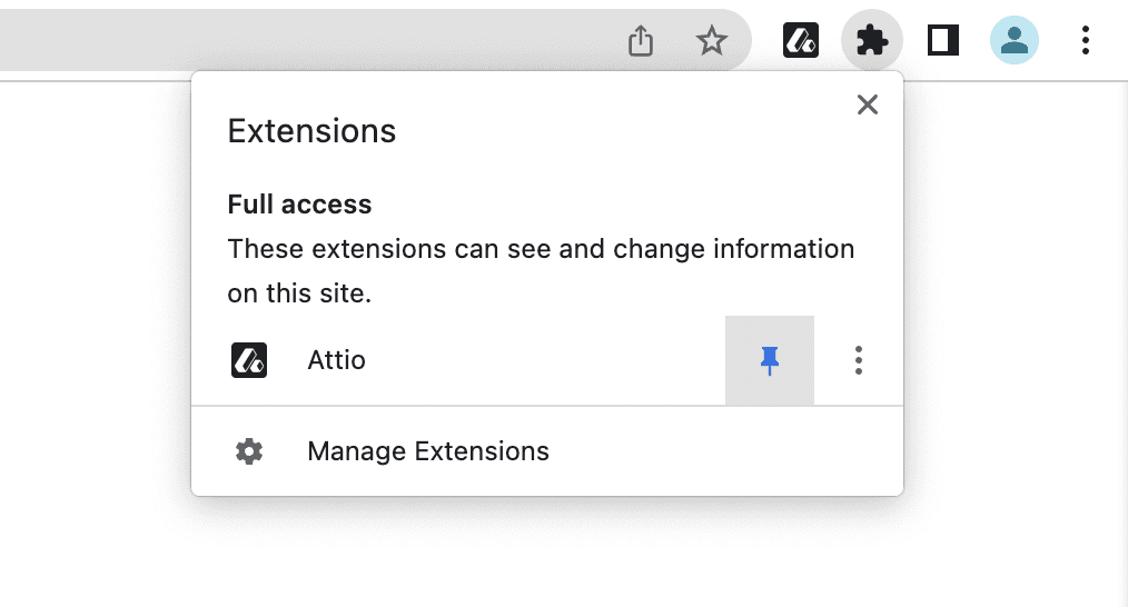 A dropdown in a Chrome browser shows how to pin the Attio extension to your toolbar for quick access using the pushpin icon next to the Attio logo.