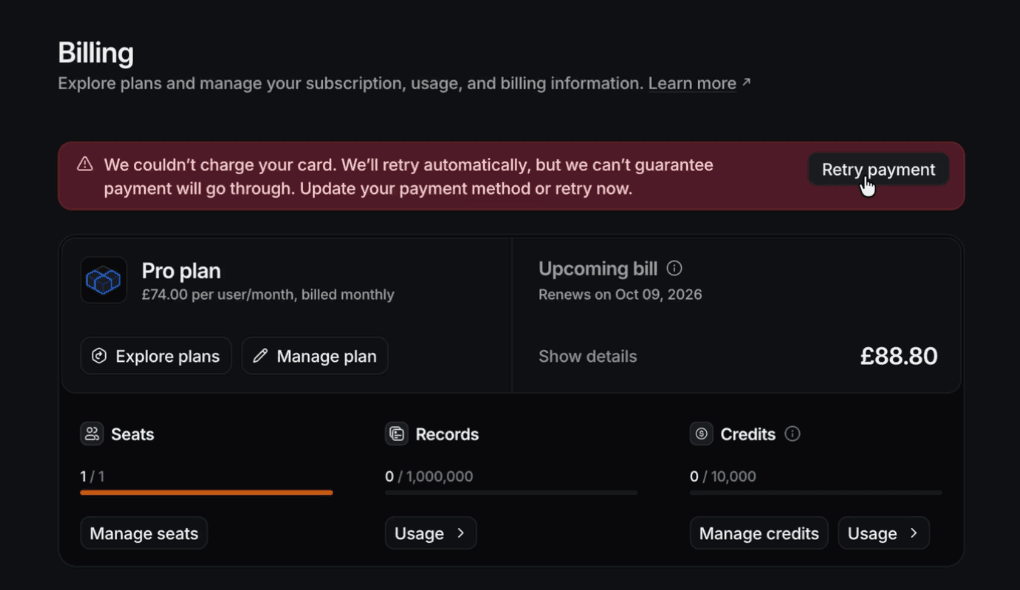 Billing page showing banner with failed payment message and Retry payment button