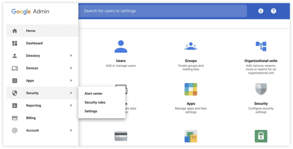 A screenshot of Google's Workspace admin settings, where the Security tab is highlighted. You'll find API Permission in the Settings tab.