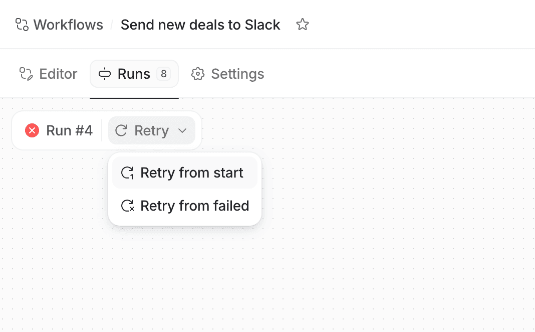 Run viewer of workflow showing options to retry from start or from failed
