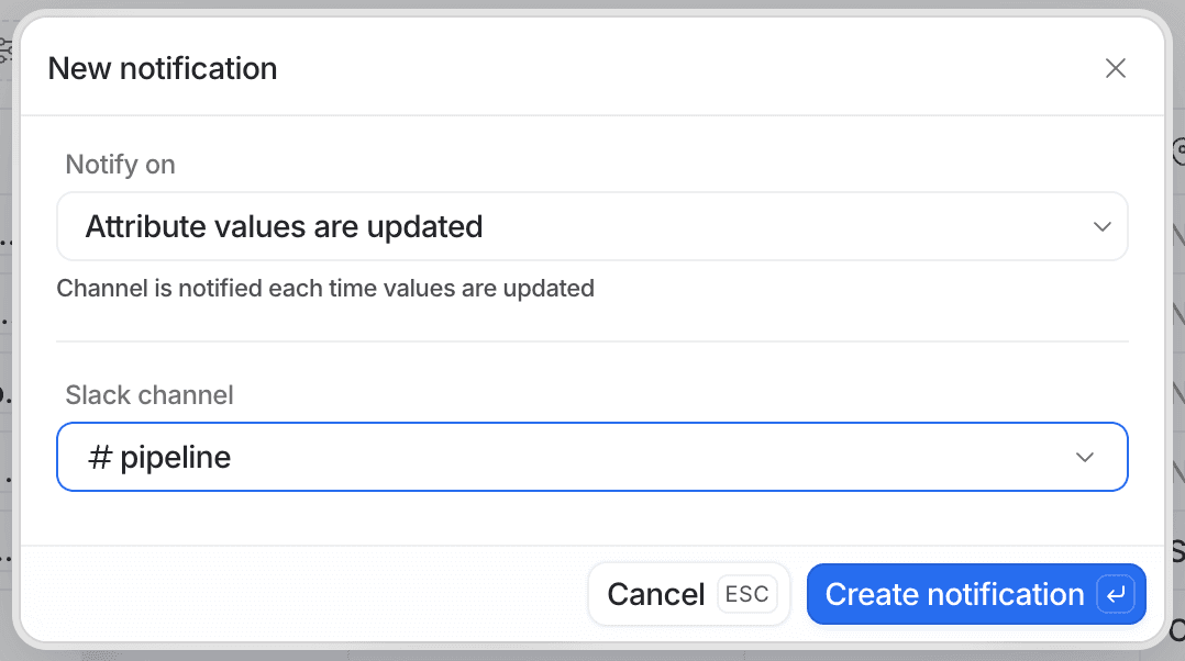 Notification setup window for updating attribute values, with a Slack channel input labeled "#pipeline" and options to cancel or create.