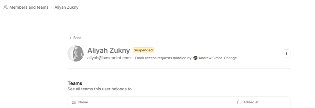 Suspended user page with option to change email access handler