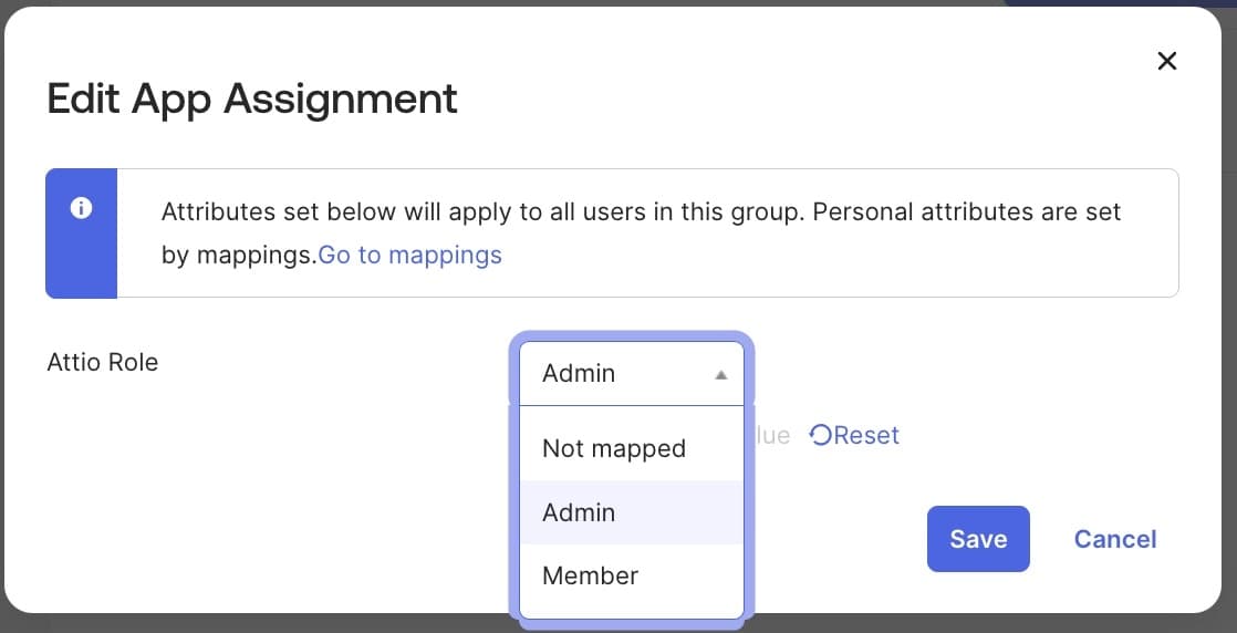 Okta setup showing option to edit app assignment to admin or member