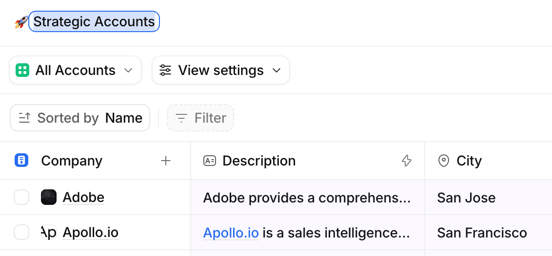 Attio list showing title highlighted for editing