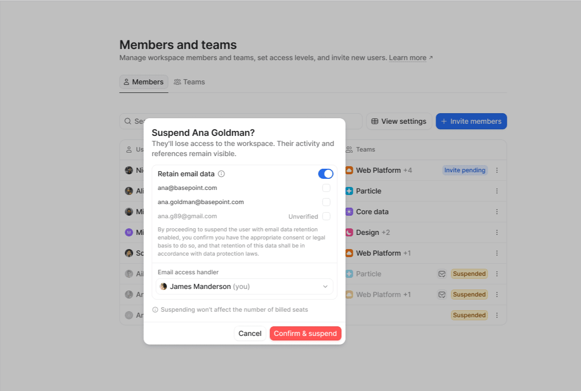 Suspend member confirmation modal with option to retain email data