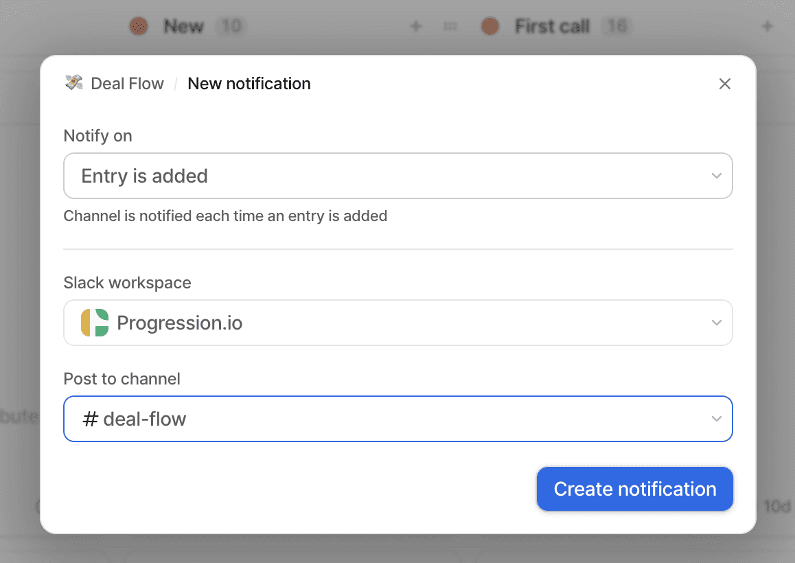 Pop-up window for creating a Slack notification showing options for which notification to send, and which Slack workspace and channel to send to.