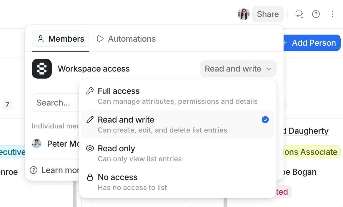 UI showing workspace access settings with options: Full access, Read and write (selected), Read only, No access. Members tab visible.