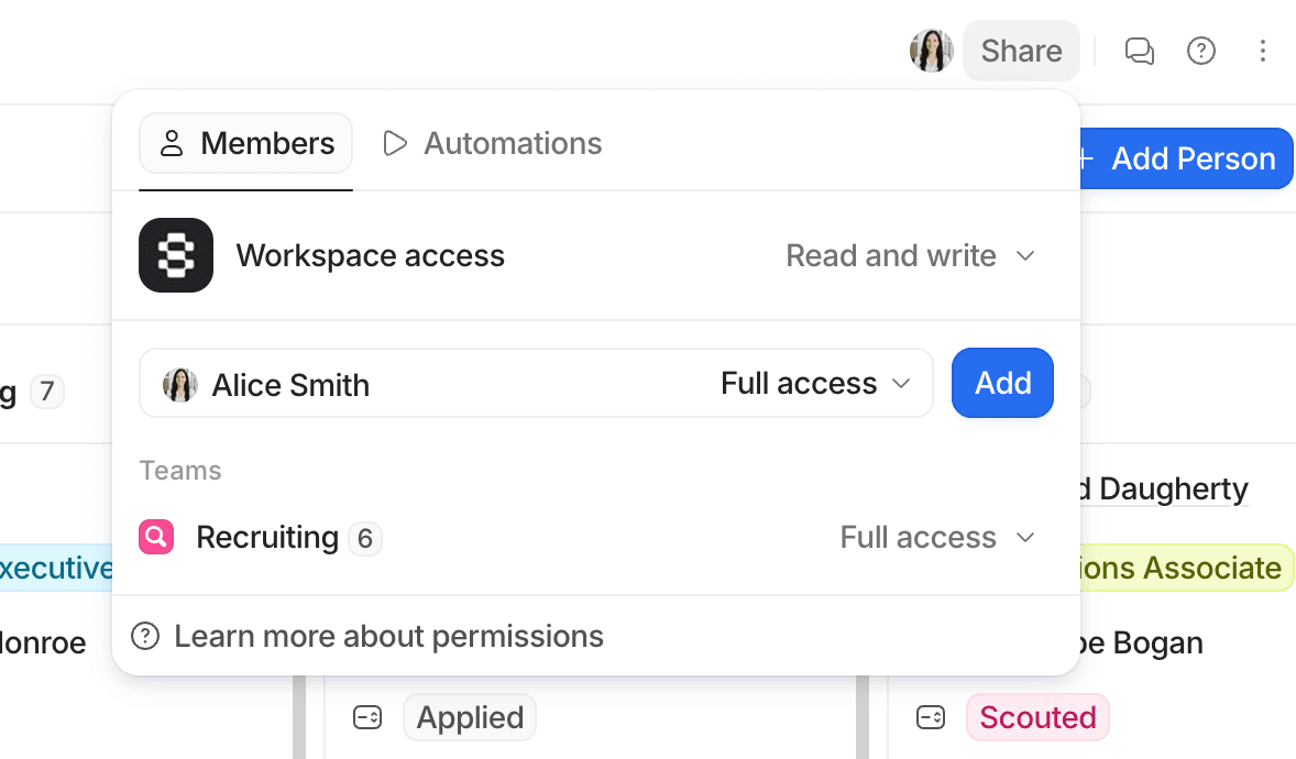 Popup menu with workspace and team access options, showing members and automations tabs, and details for user Alice Smith with full access.
