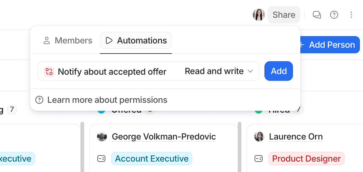 Close-up of a web interface showing options to add members or automations, such as "Notify about accepted offer" with read/write access.