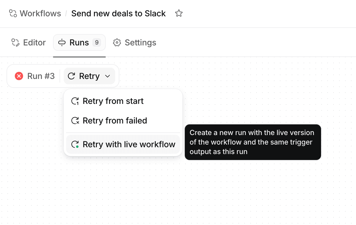Runs viewer of workflow showing retry options for failed run