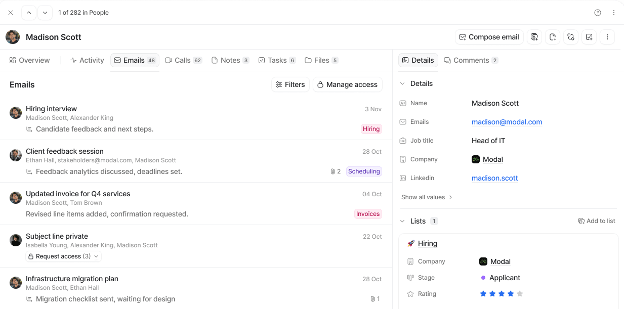 Screenshot of an person record page showing a list of emails with details, including sender, subject, and date, alongside user information.
