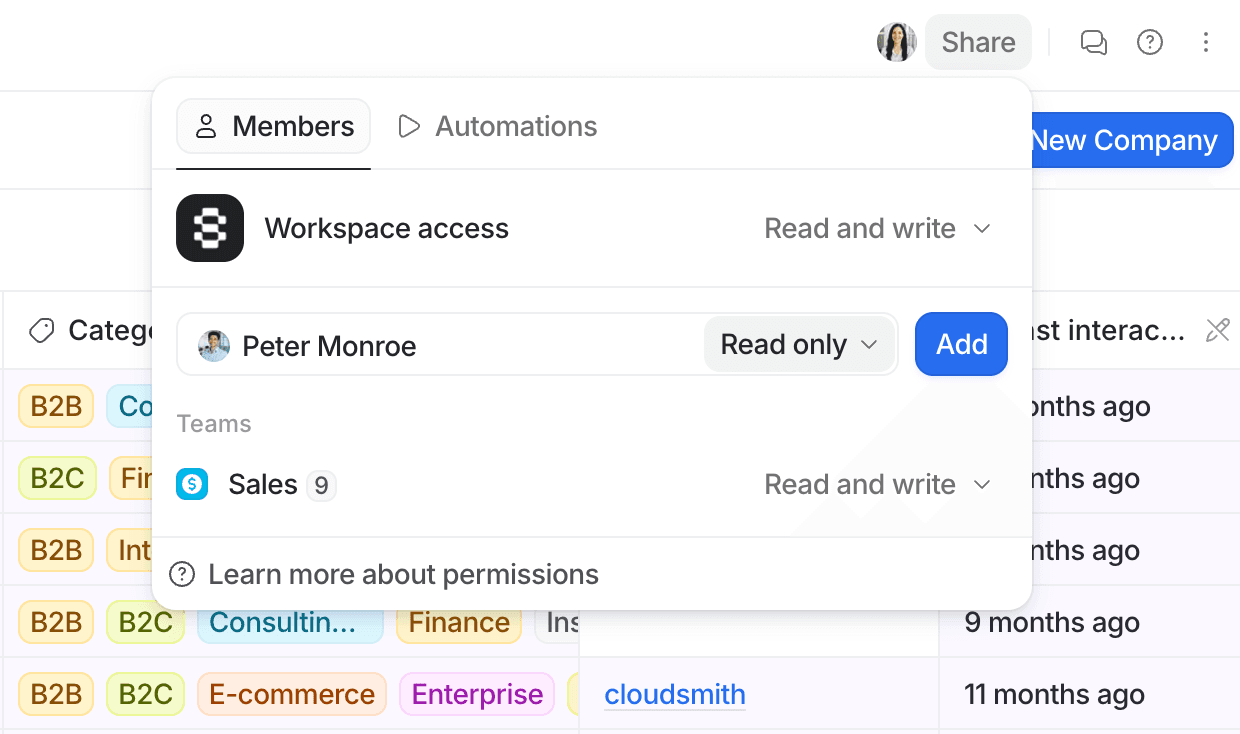 Popup menu showing user permissions settings, including workspace access, read-only options, and team assignments in a task management app.
