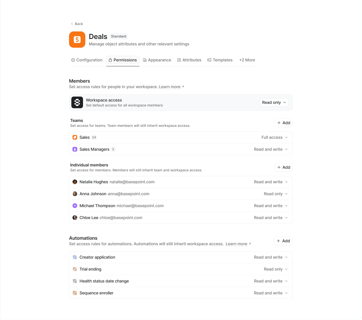 Deals object permissions page showing workspace team member and automations access settings
