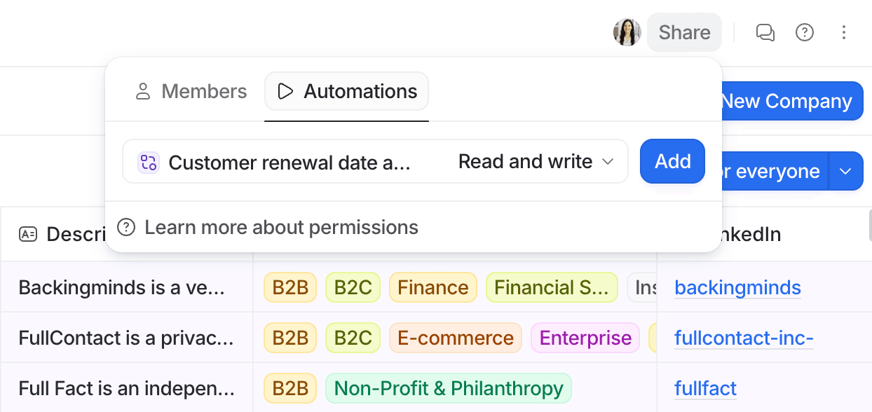 A software interface showing a dropdown menu with "Automations" selected, including options like "Customer renewal date." Tags like "B2B" and "Finance" are visible.