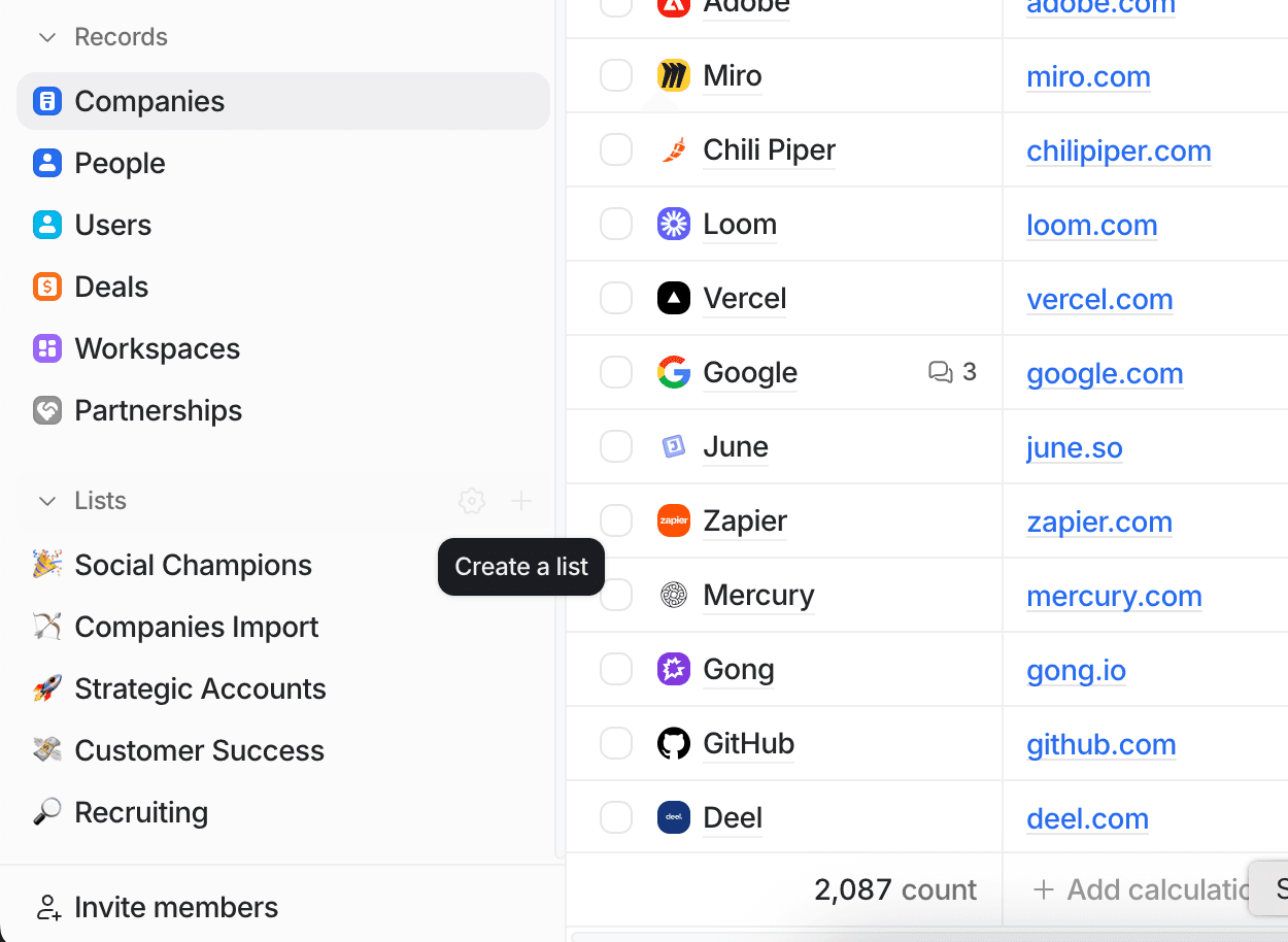 List of companies and sidebar with various options like records and lists, with create list option highlighted