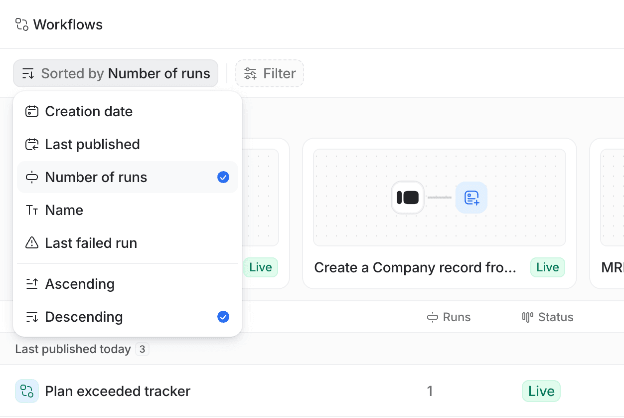 Sort options in a dropdown on Workflows page