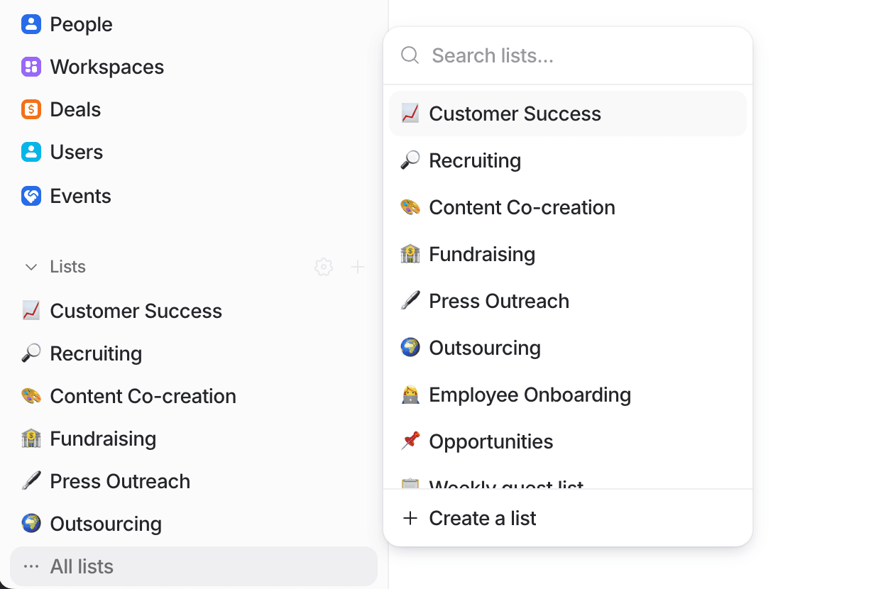 User interface showing a menu with list options like Customer Success, Recruiting, and Fundraising. A search bar and "Create a list" option are visible.