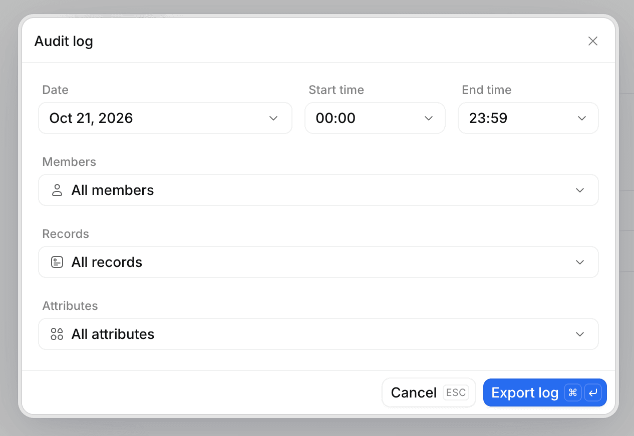 Popup showing options to customize the audit log export