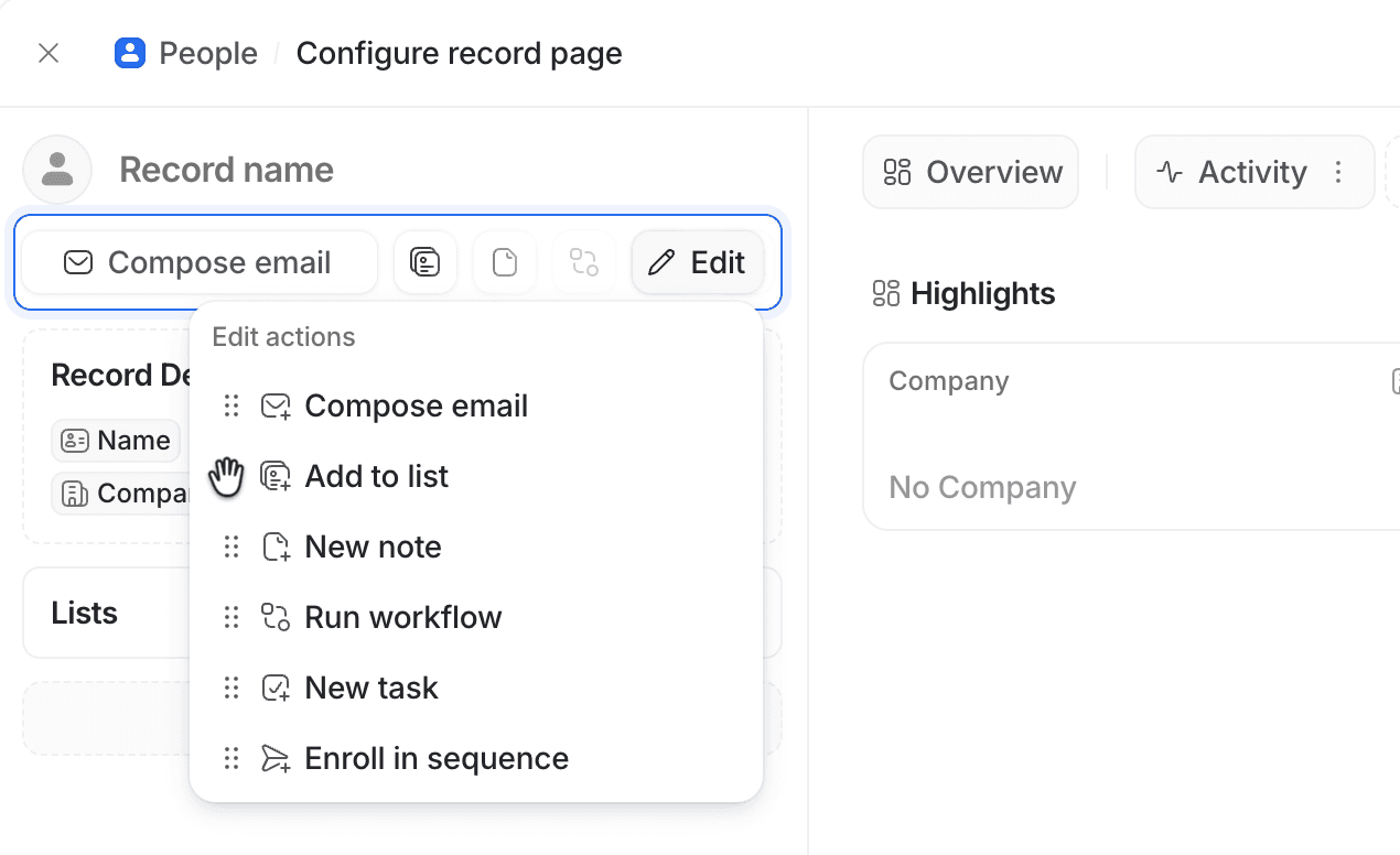 Dropdown for editing record page action buttons showing how to drag and drop to reorder