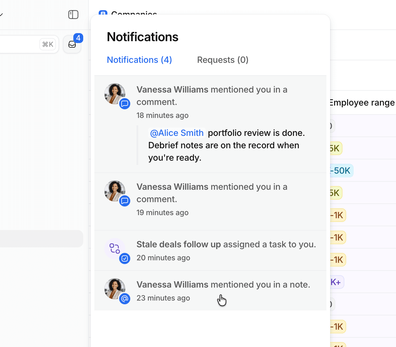 Notifications panel with cursor over a notification that another user mentioned them in a note