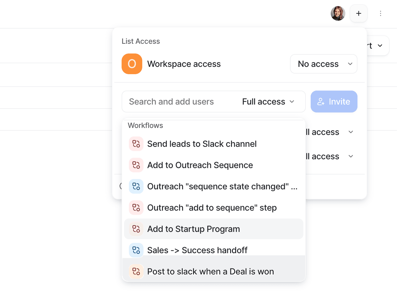 Modal for giving members and workspaces access to a list showing workspaces to choose from