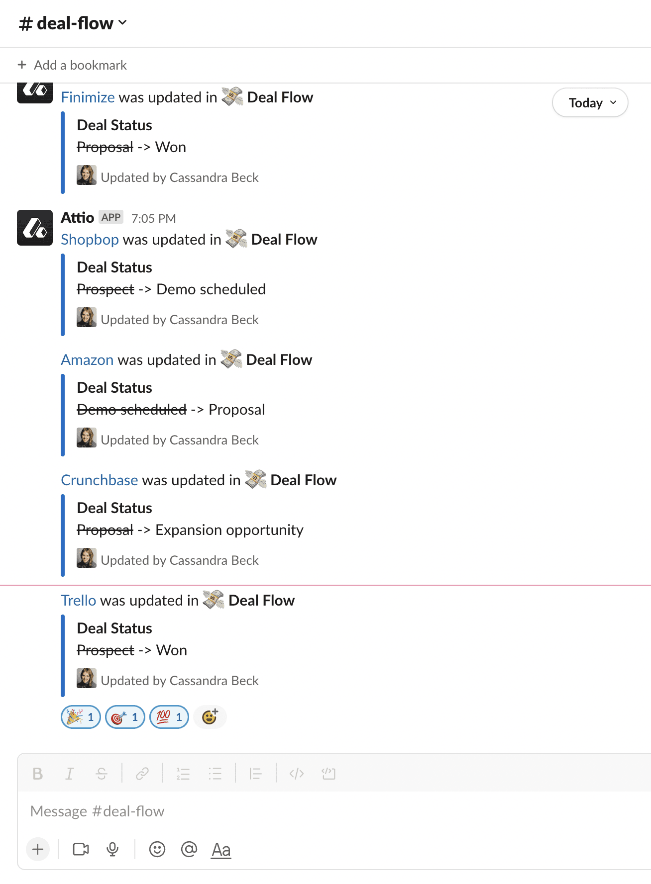 A #deal-flow Slack channel feed showing notifications posted by the Attio bot about attribute updates.