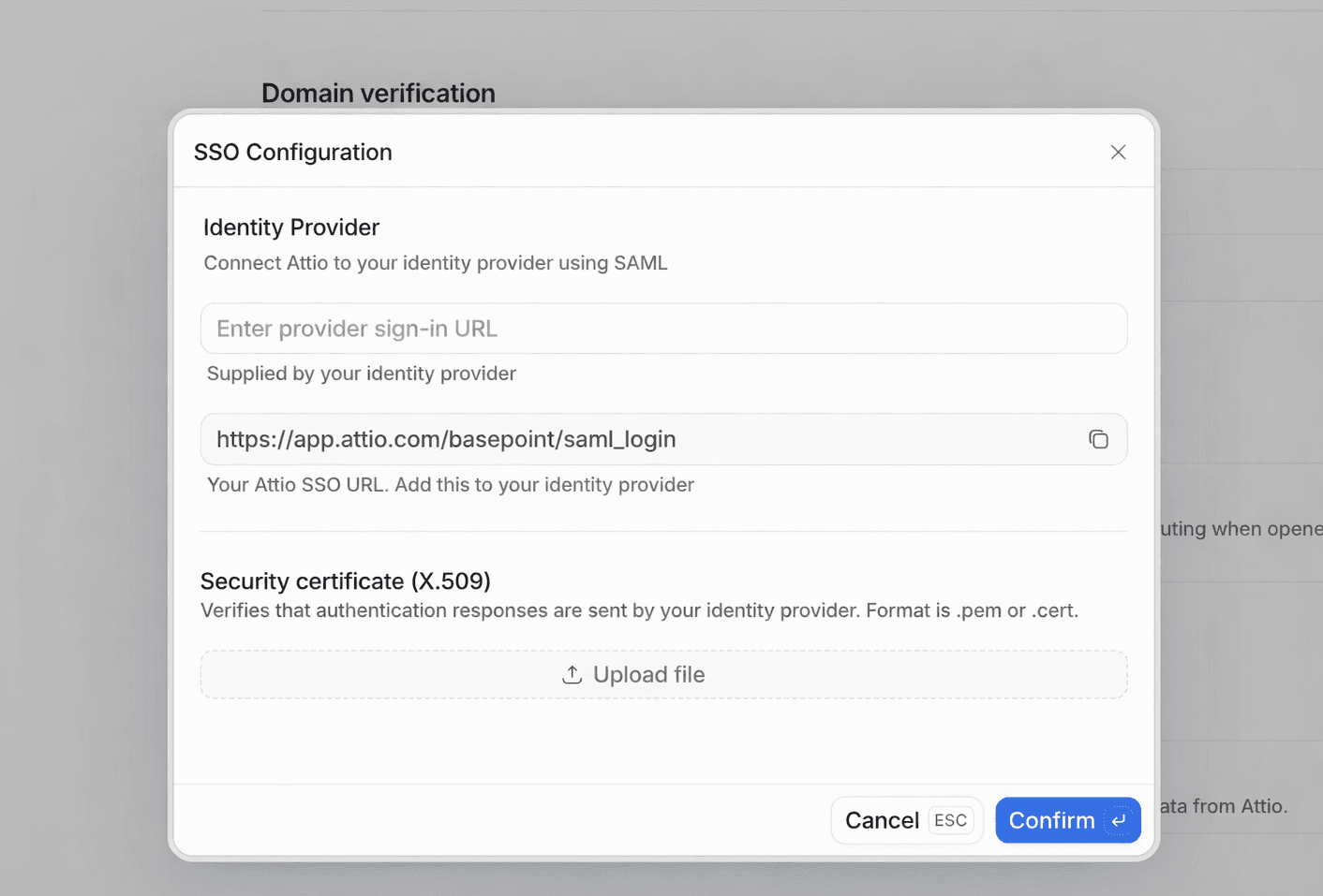SSO configuration window for inputting provider URL and uploading security certificate
