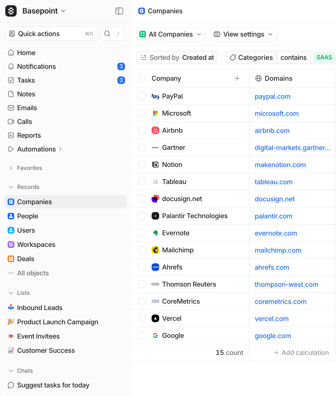 A screenshot of a Basepoint workspace shows a list of companies, their logos, website URLs, and categories like SaaS on the right panel.