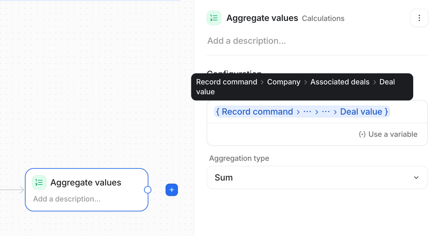 Aggregate values workflow block showing path selected