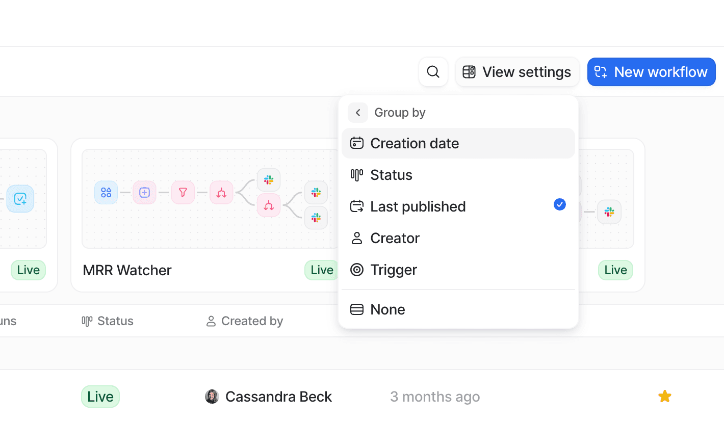 Automations page showing group by setting options under a View settings button