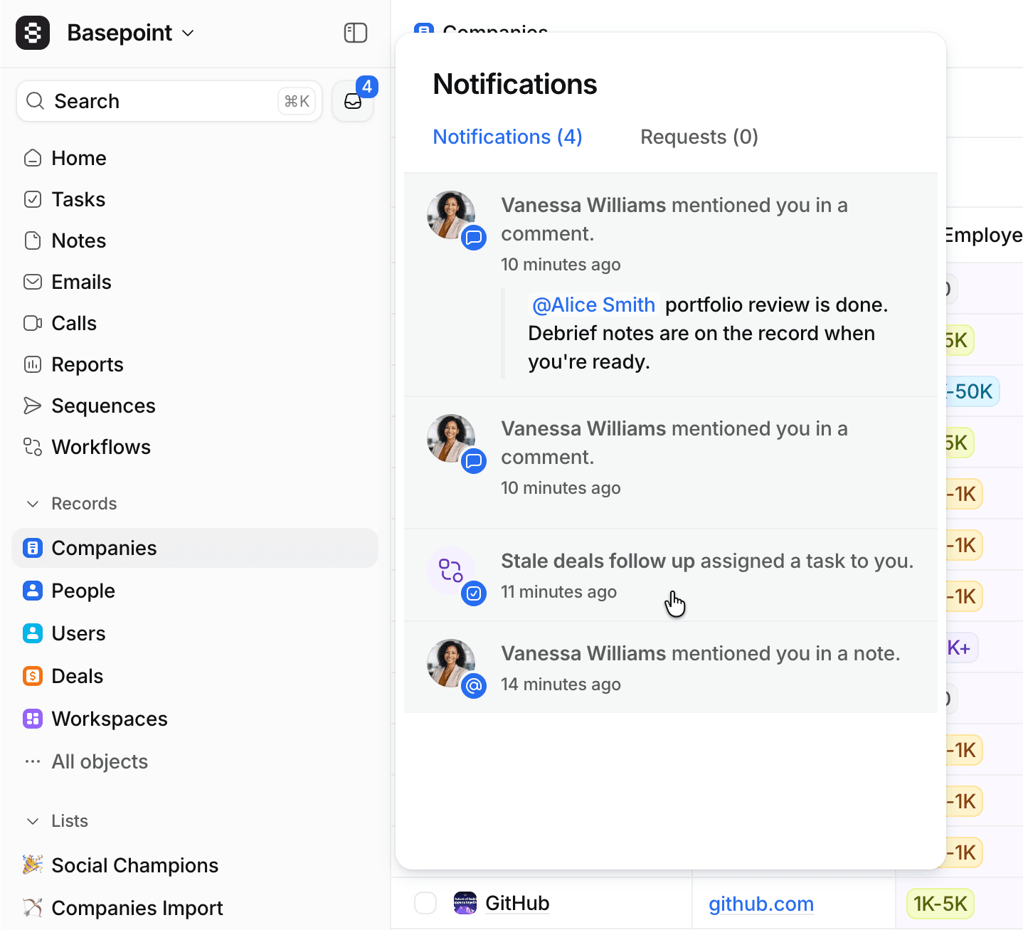 Notifications panel showing notification about task assigned to user via workflow
