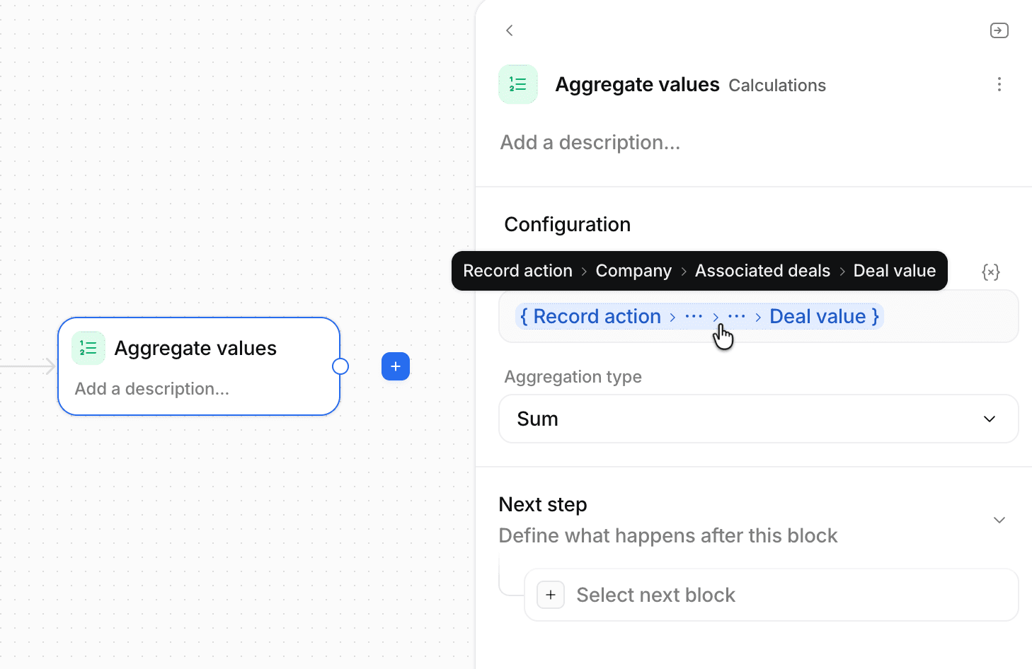Aggregate values workflow block showing path selected