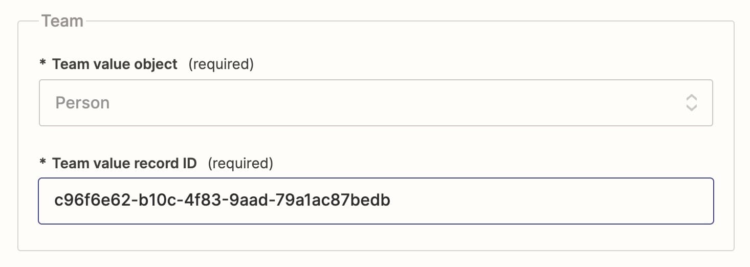 Setting a value for the team relationship in Zapier