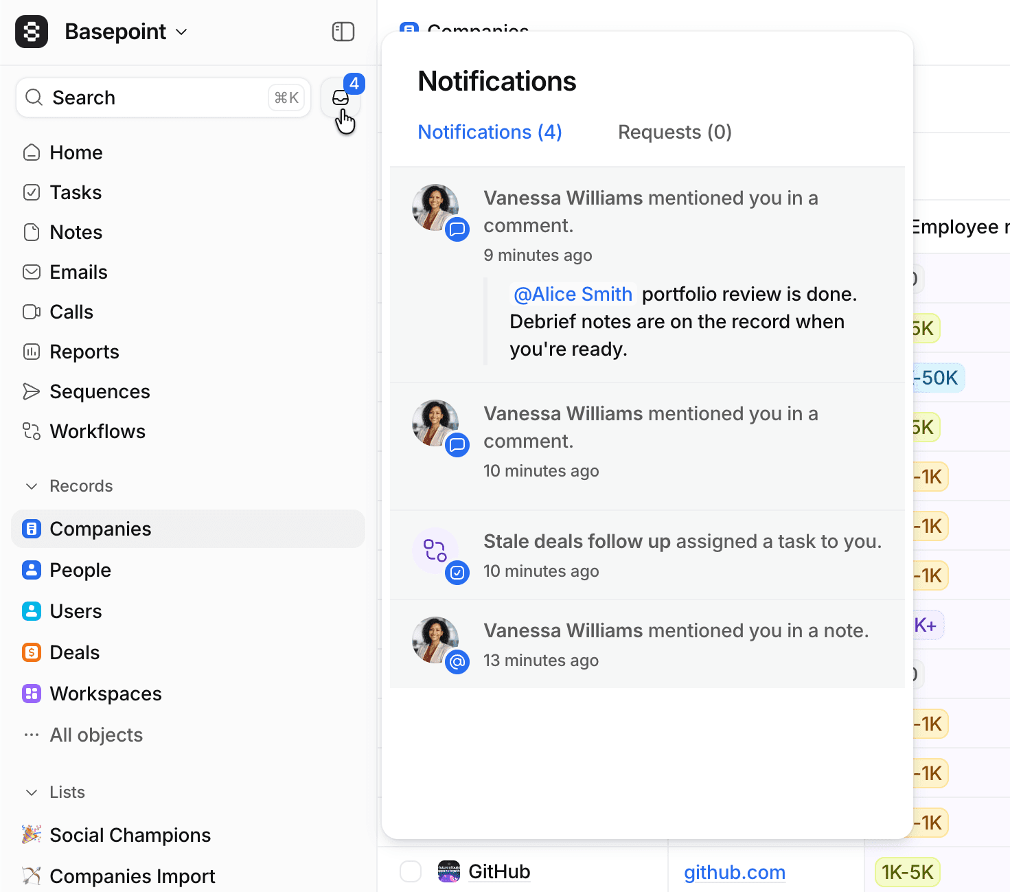 Attio sidebar and open notifications inbox