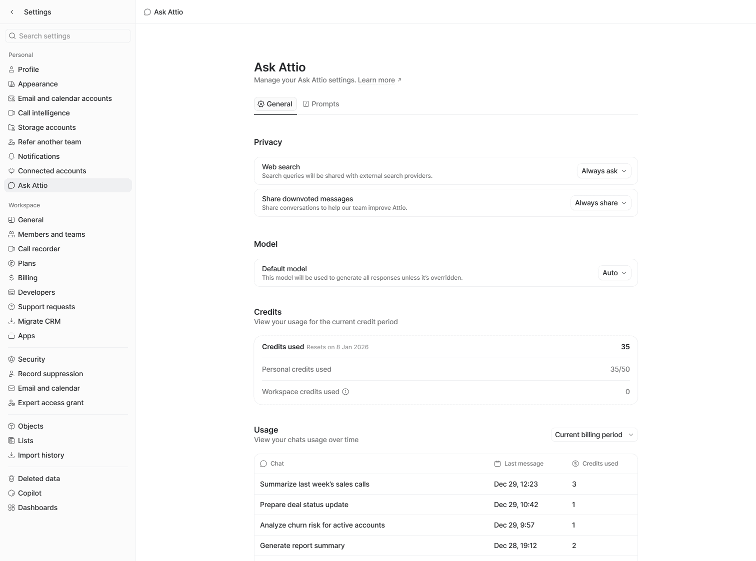 Ask Attio settings page displaying account preferences, privacy options, model selection, credit usage, and recent activity details with timestamps.
