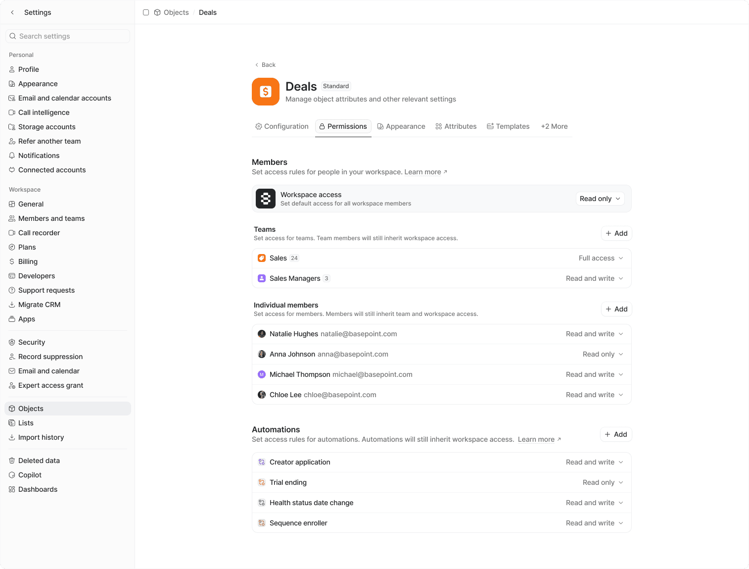 Object settings page with Permissions tab option and options to adjust workspace, teams, members, and automations access levels