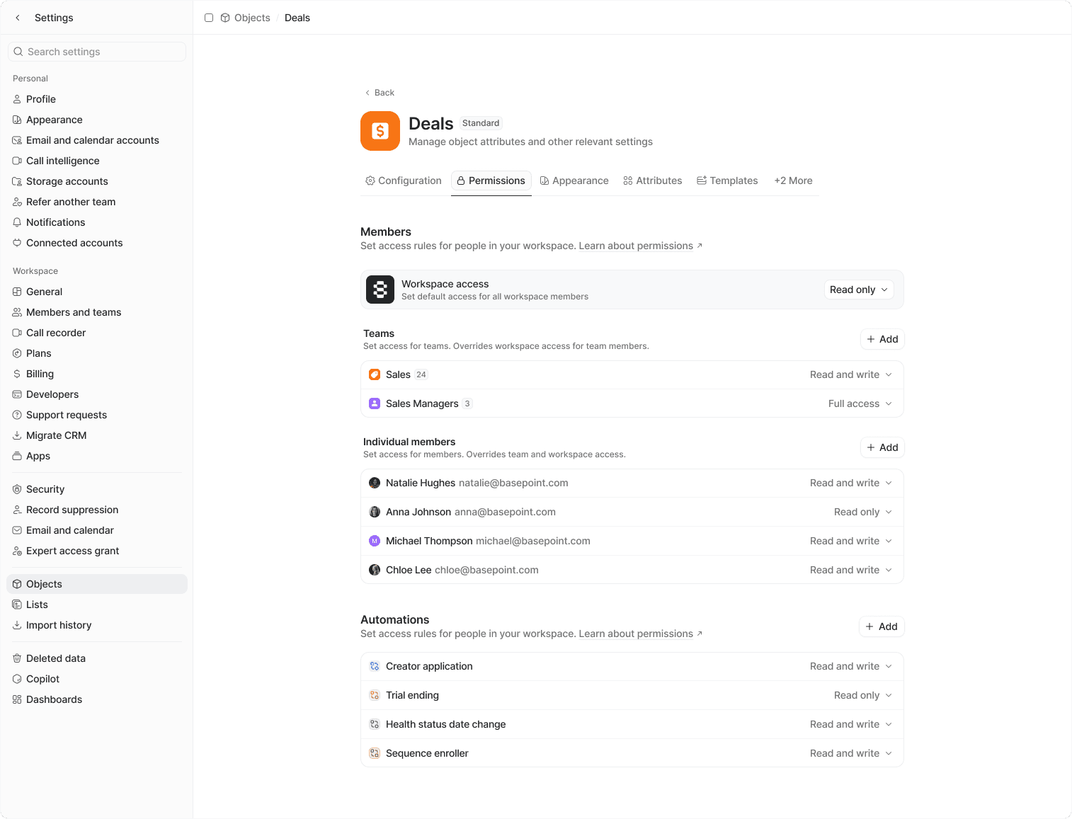 Settings page showing permissions for "Deals." Lists workspace access, teams, individual members, and automations on the right panel.