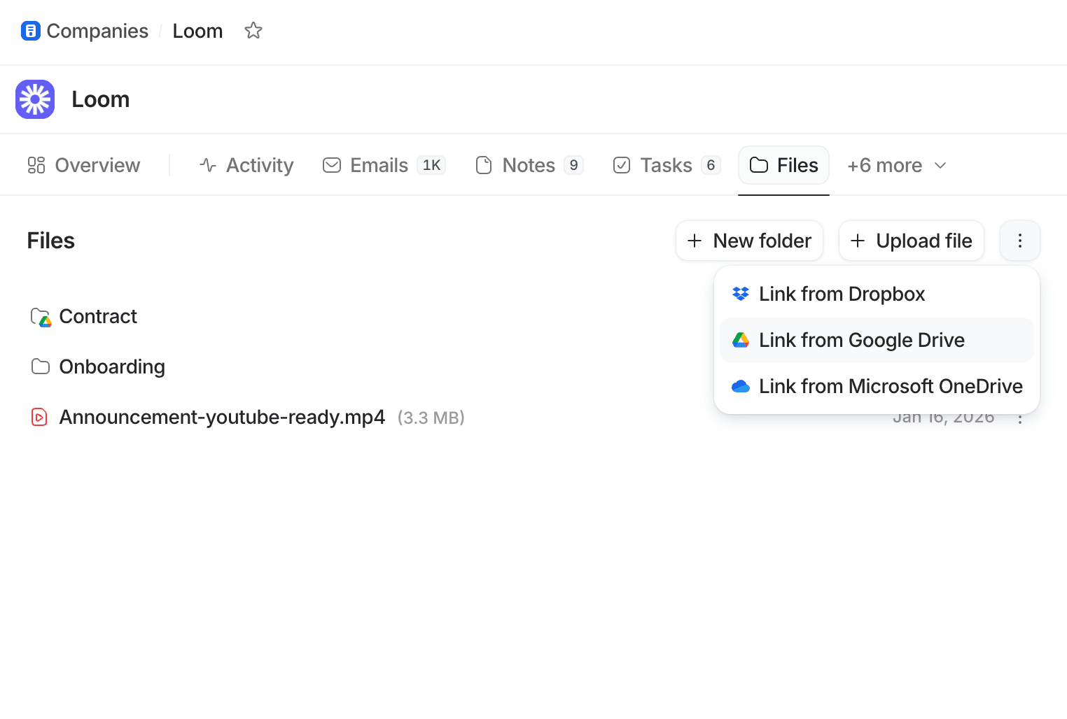 record page showing file uploads with links from Dropbox, Google Drive, and OneDrive. Files listed: Contract, Onboarding, and a video file.