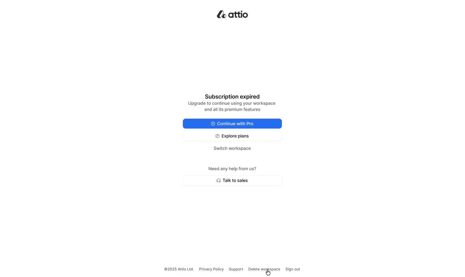 Subscription expired screen highlighting option to delete workspace in the footer