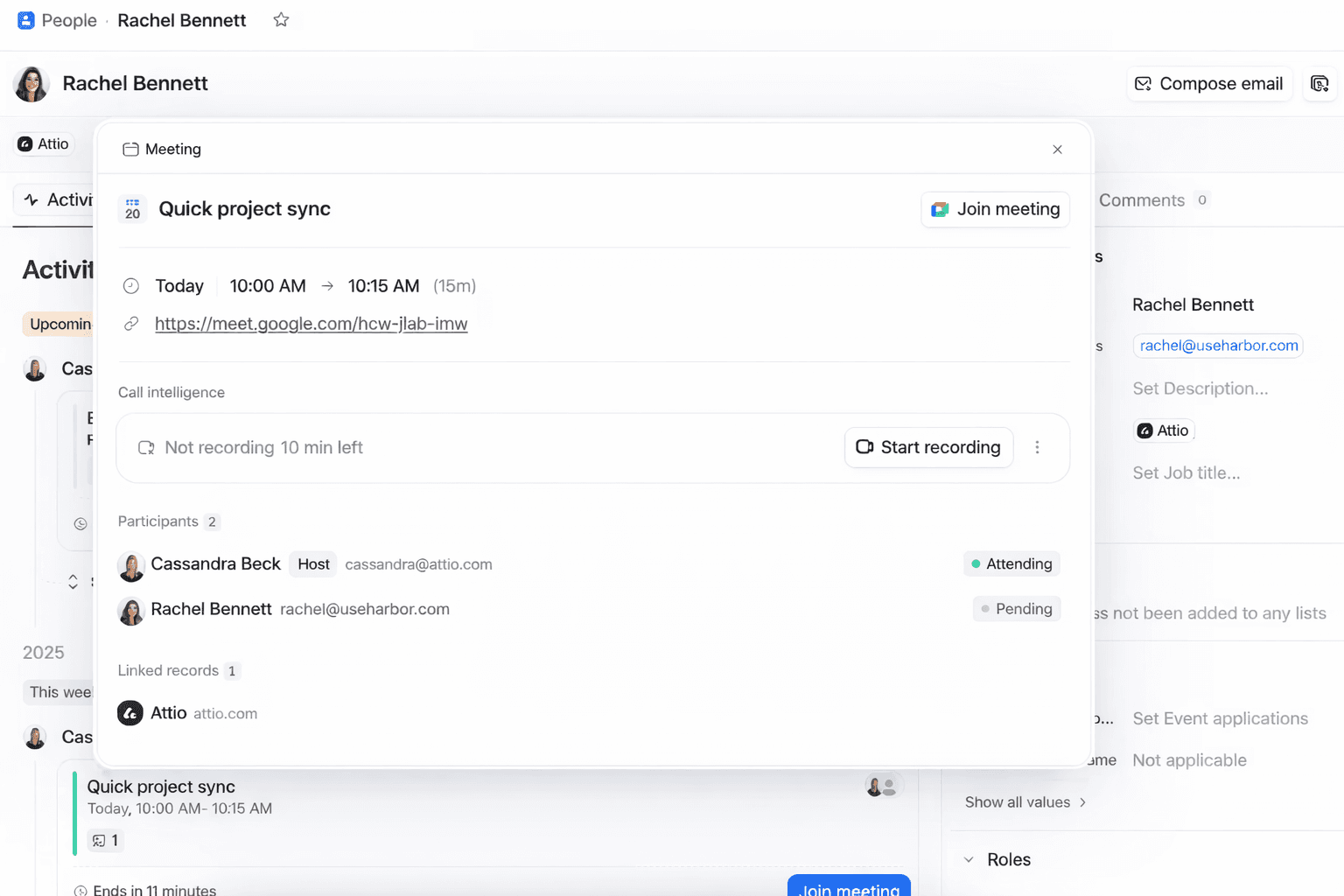 Meeting popover on a record page with meeting details and option to start recording