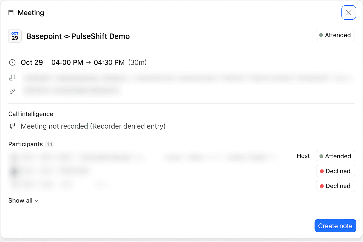 Screenshot of a meeting details window showing date, time, participants, and call intelligence with options to attend or decline.