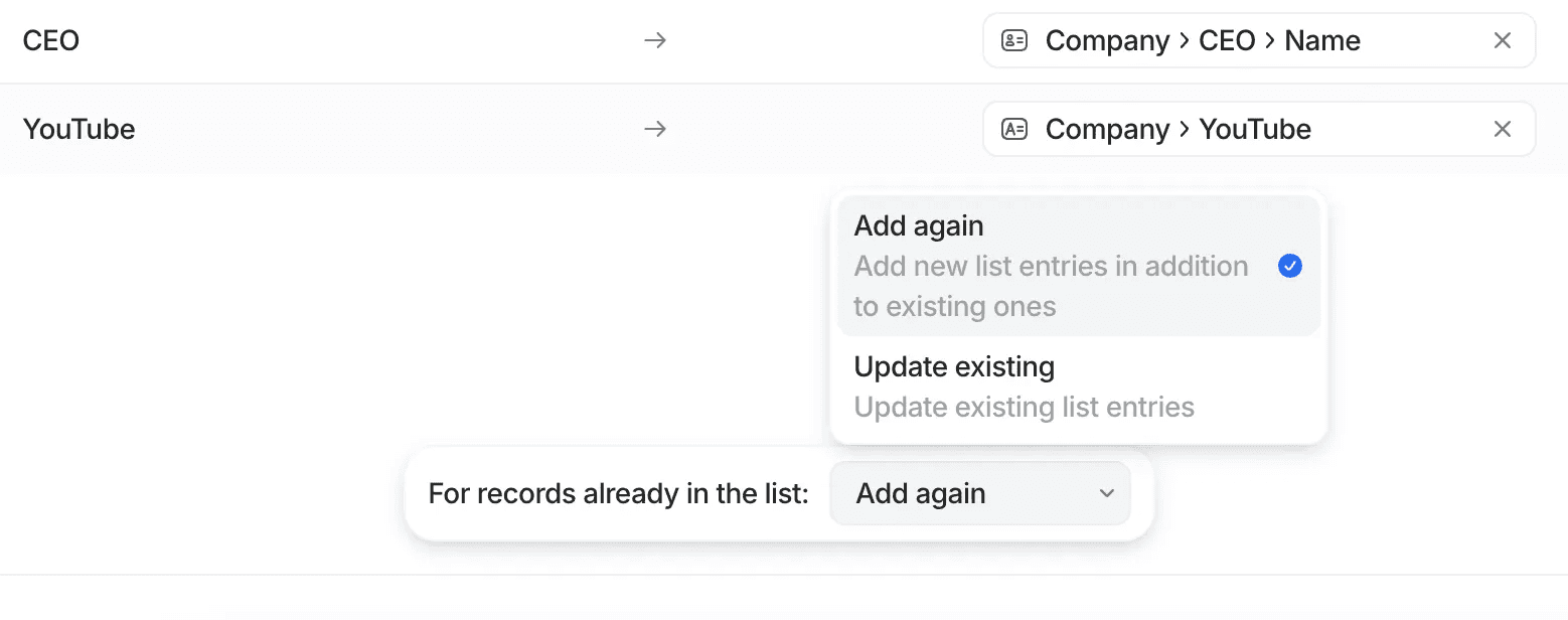Options in import for adding list entries again or updating existing entries