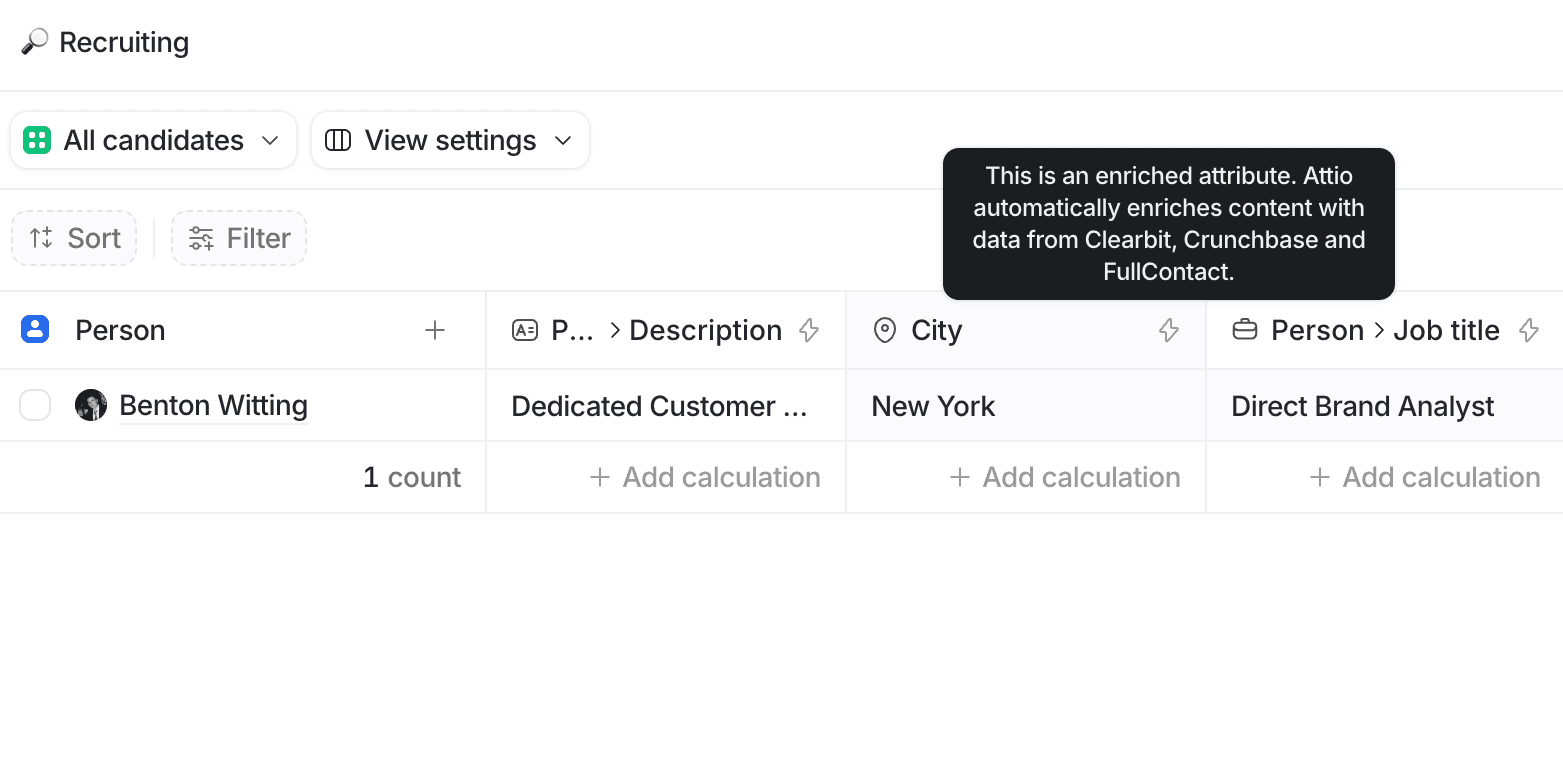 List titled "Recruiting" with columns for person, description, city, and job title. A tooltip explains an enriched attribute feature.