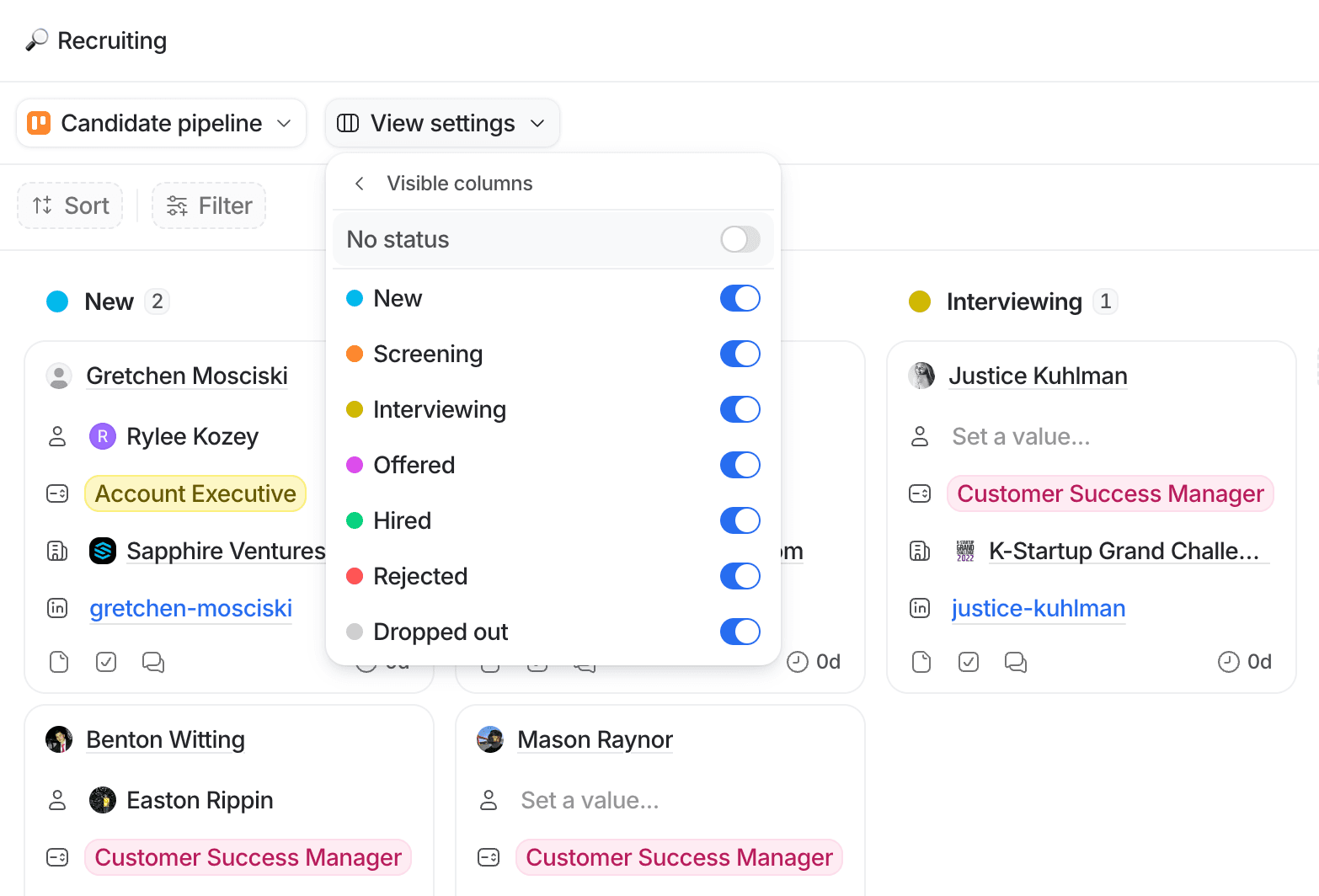 Recruitment dashboard with candidate pipeline stages: New, Interviewing, and Hired. Visible columns settings are displayed.