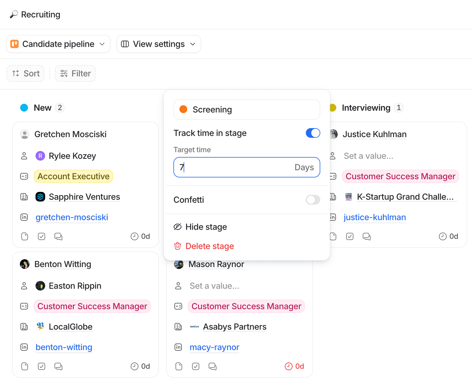 Recruiting dashboard showing candidate stages: New, Screening, and Interviewing, with options to track time and set target days.