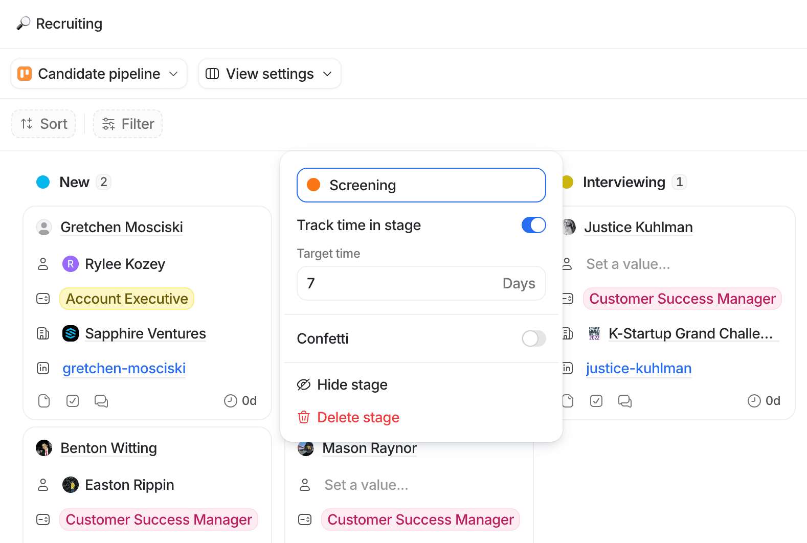 Recruiting pipeline with stages: New, Screening, and Interviewing. Includes candidate cards with names and job titles.