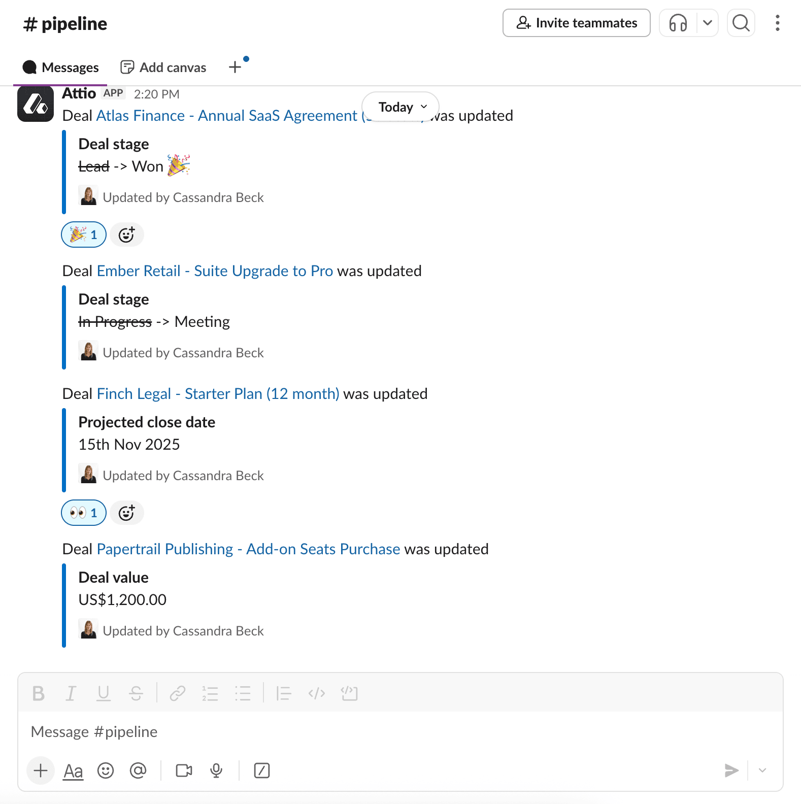 Screenshot of a Slack channel showing updates on various deals, including changes in stages, projected close dates, and deal values.