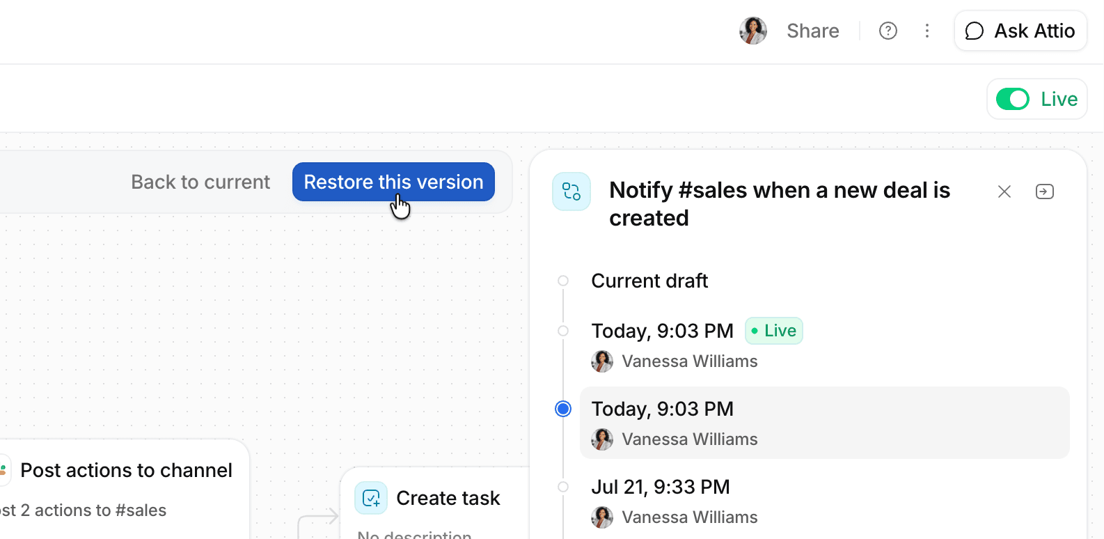 Version history for workflow showing past version selected with option to restore it