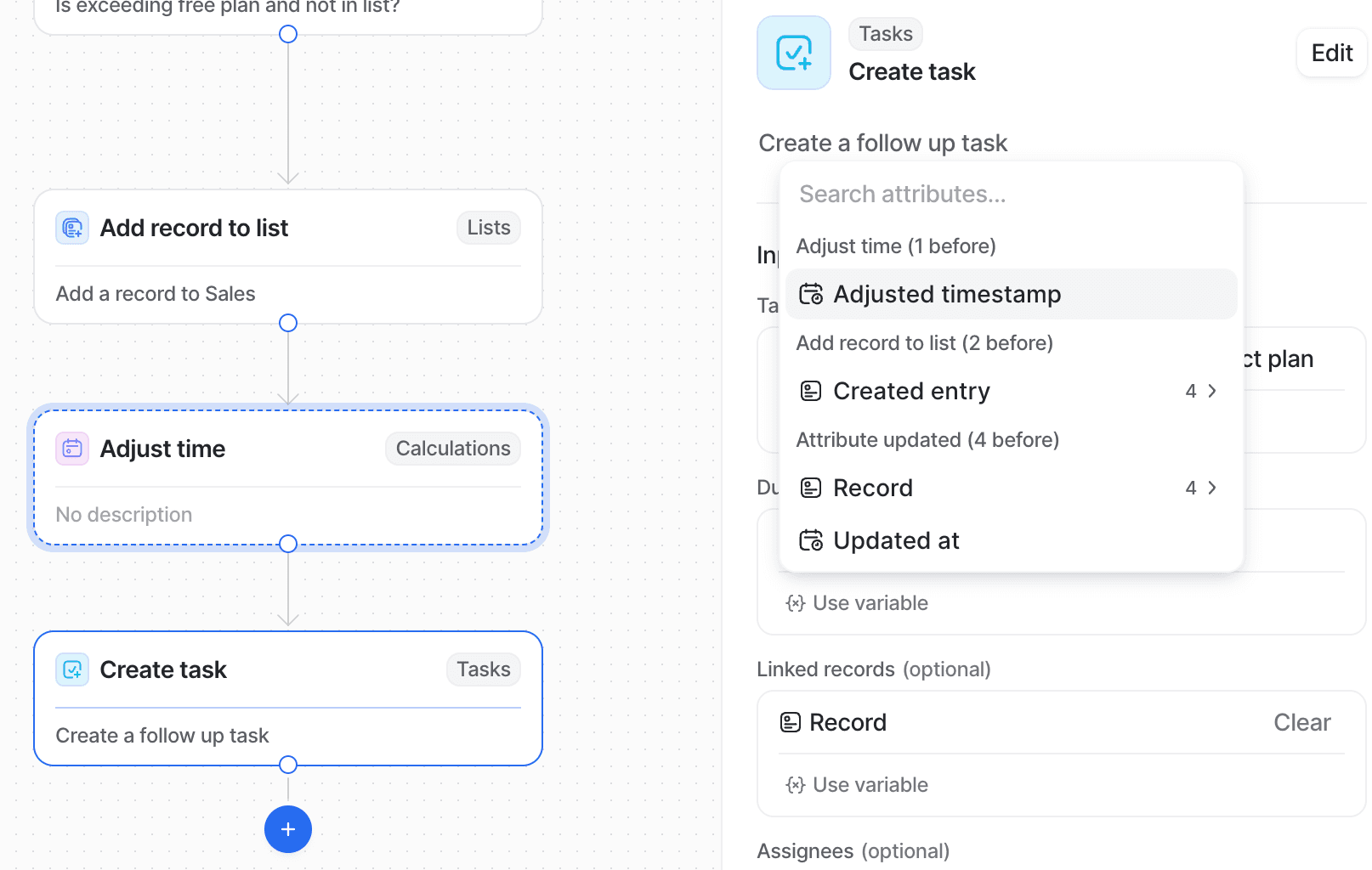 Setup for a "Create task" action with a dropdown open of variable options for a "Due" input.